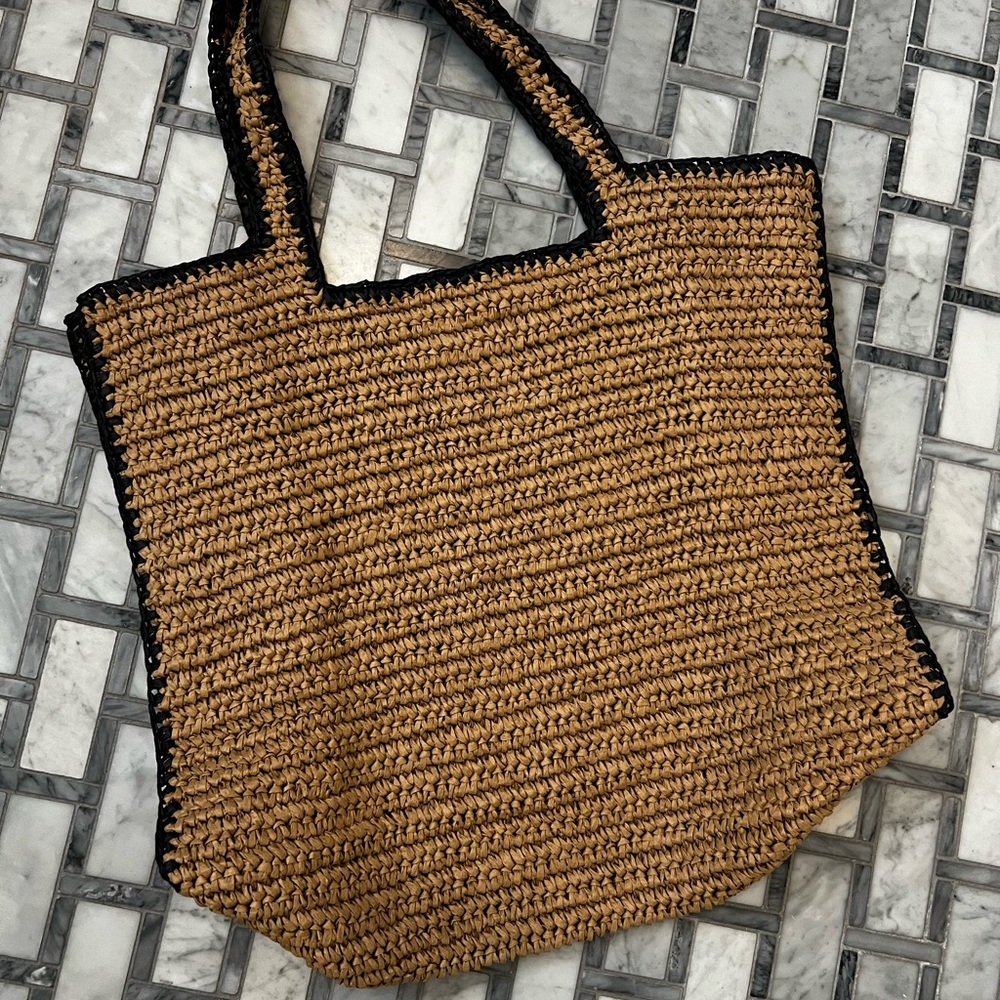 Zara Tan and Black Woven Beach Bag
